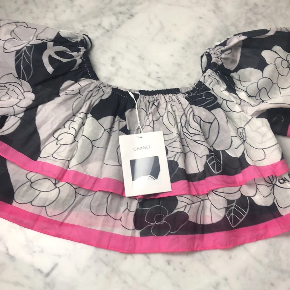 CHANEL Floral Off-Shoulder Crop Top cotton Size 38 - Picture 15 of 16